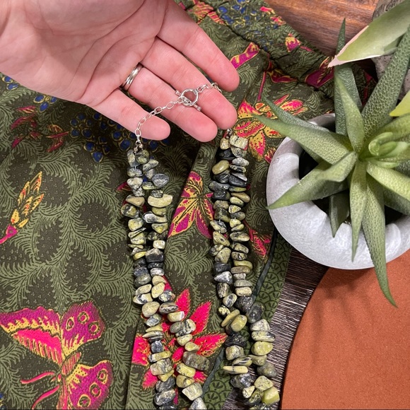 Silver boho cross green black moss green Jasper double strand necklace floral - Picture 4 of 7